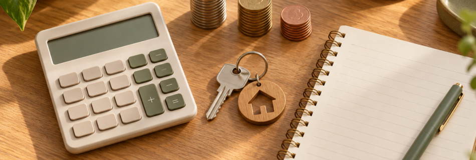 เครื่องคิดเลข กุญแจ และสมุดวางแผนงบเช่าห้อง — ภาพ AI | Rental budget illustration